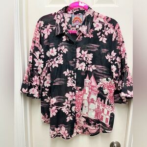Johnny Was Black and Pink Floral Castle Button Down Shirt